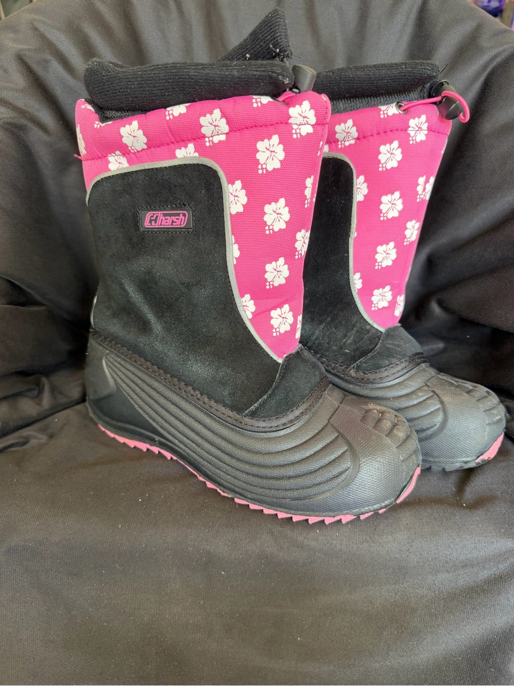 Kids' Black and Pink Floral Winter Snow Boots Size 3